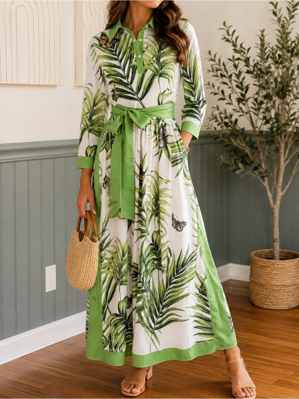 Tropical Botanical Maxi Dress | Belted | Size M | EUC
